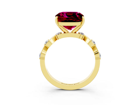 Yellow gold Cushion Cut Garnet Solitaire Twisted Band with Round  Accents and Prong Setting_15