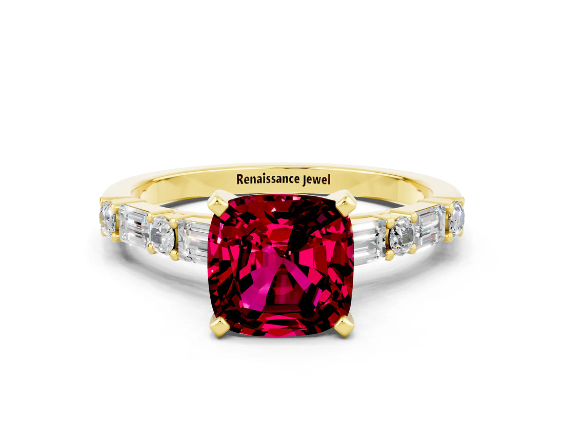 Yellow gold Cushion Cut Garnet Solitaire with Side Baguettes and Channel Set Band