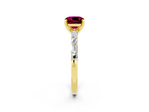 Yellow gold Cushion Cut Garnet Solitaire with Side Baguettes and Channel Set Band