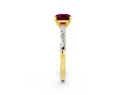 Yellow gold Cushion Cut Garnet Solitaire with Side Baguettes and Channel Set Band_2