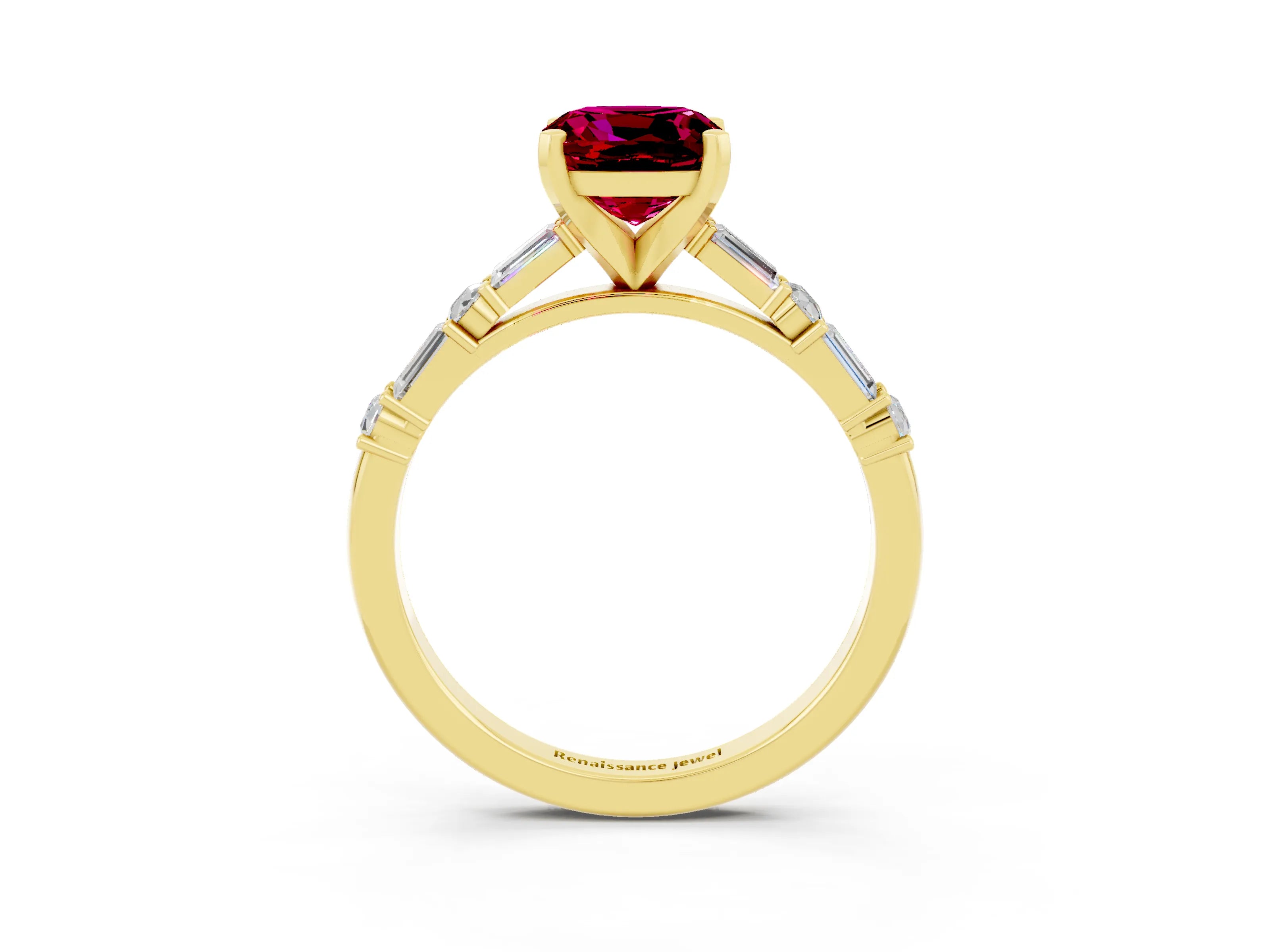 Yellow gold Cushion Cut Garnet Solitaire with Side Baguettes and Channel Set Band_3