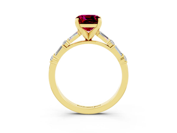 Yellow gold Cushion Cut Garnet Solitaire with Side Baguettes and Channel Set Band
