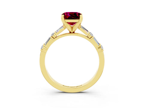 Yellow gold Cushion Cut Garnet Solitaire with Side Baguettes and Channel Set Band_3
