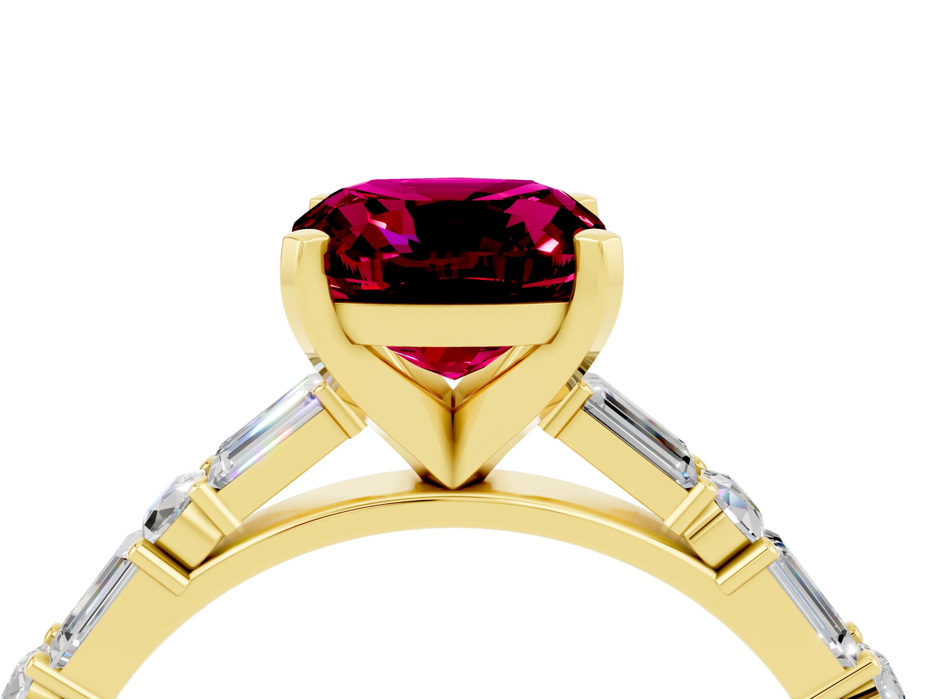 Yellow gold Cushion Cut Garnet Solitaire with Side Baguettes and Channel Set Band_4