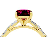 Yellow gold Cushion Cut Garnet Solitaire with Side Baguettes and Channel Set Band_4