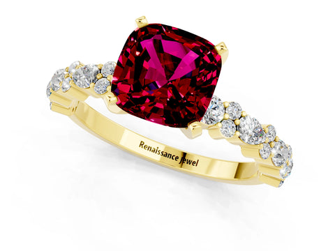 Yellow gold Cushion Cut Garnet Solitaire with Side Stones, Pave Band, Four-Prong Setting_13