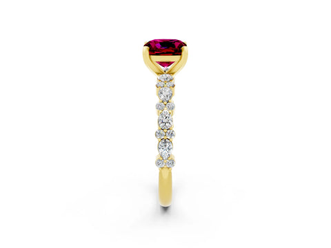 Yellow gold Cushion Cut Garnet Solitaire with Side Stones, Pave Band, Four-Prong Setting_14