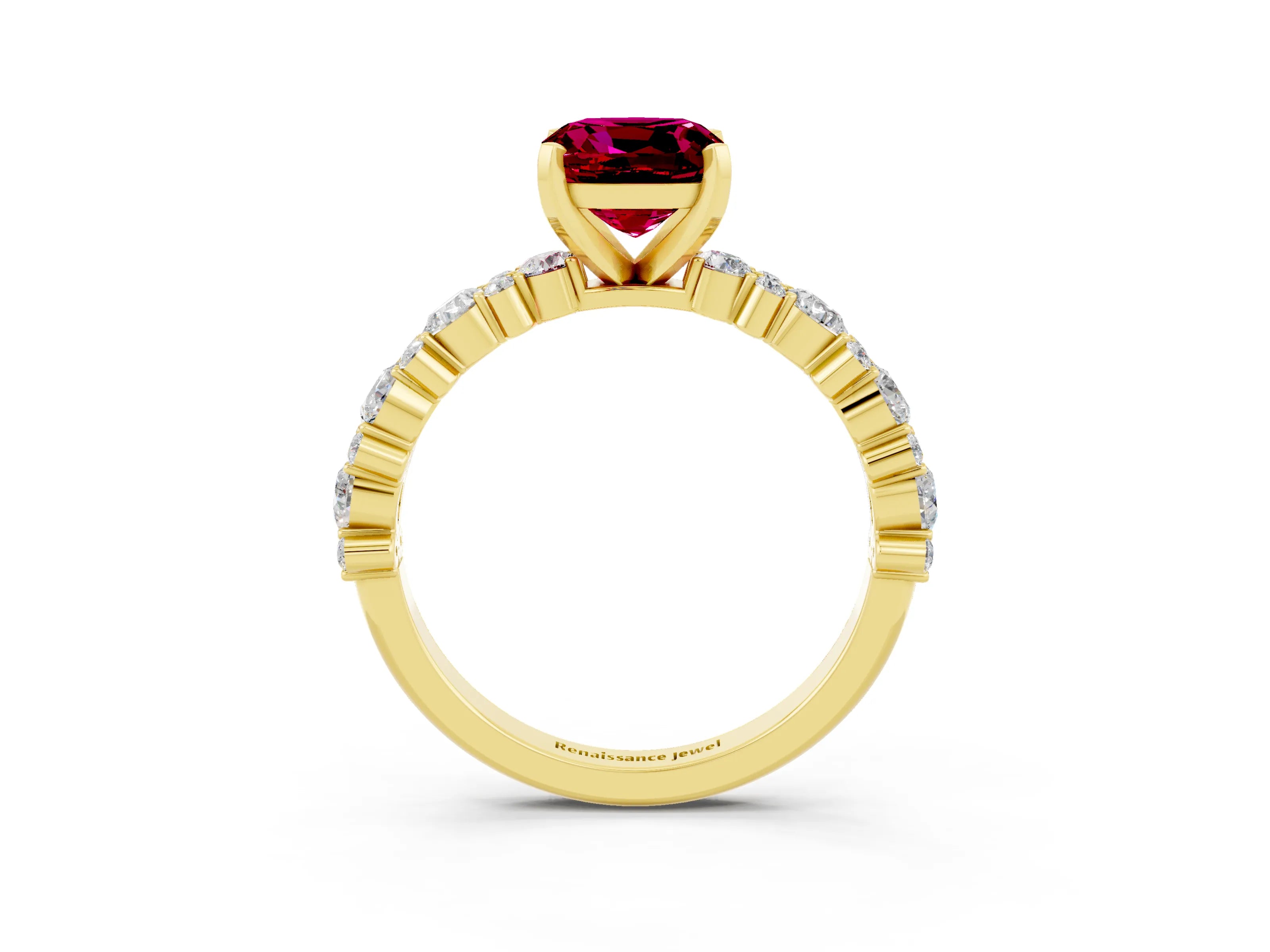 Yellow gold Cushion Cut Garnet Solitaire with Side Stones, Pave Band, Four-Prong Setting_15