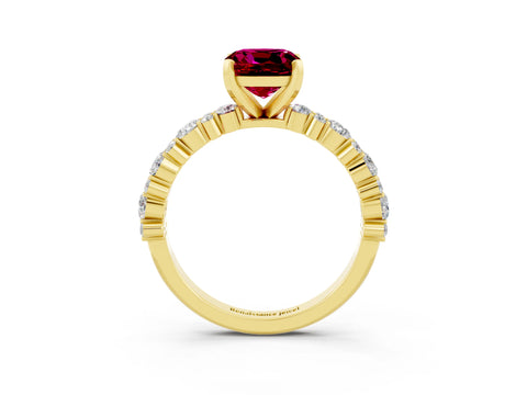 Yellow gold Cushion Cut Garnet Solitaire with Side Stones, Pave Band, Four-Prong Setting_15