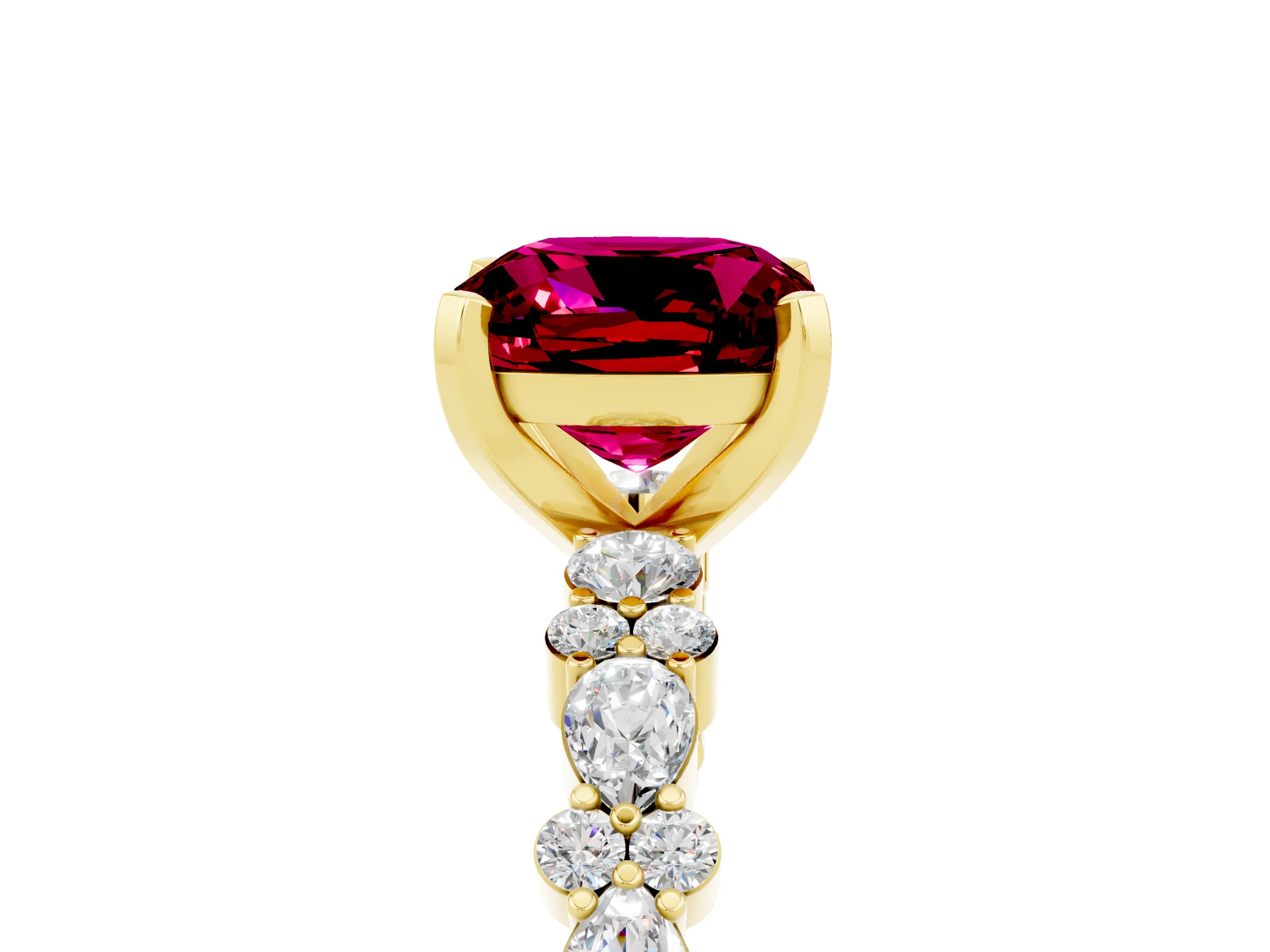 Yellow gold Cushion Cut Garnet Solitaire with Side Stones, Pave Band, Four-Prong Setting_17