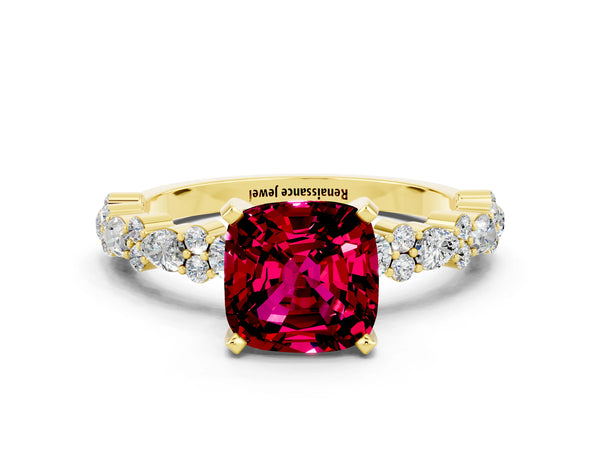 Yellow gold Cushion Cut Garnet Side Stone Solitaire Ring with Round  and Four-Prong Setting