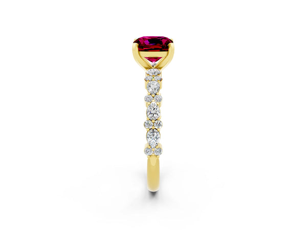 Yellow gold Cushion Cut Garnet Side Stone Solitaire Ring with Round  and Four-Prong Setting