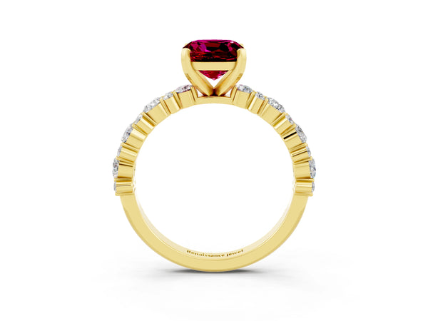 Yellow gold Cushion Cut Garnet Side Stone Solitaire Ring with Round  and Four-Prong Setting