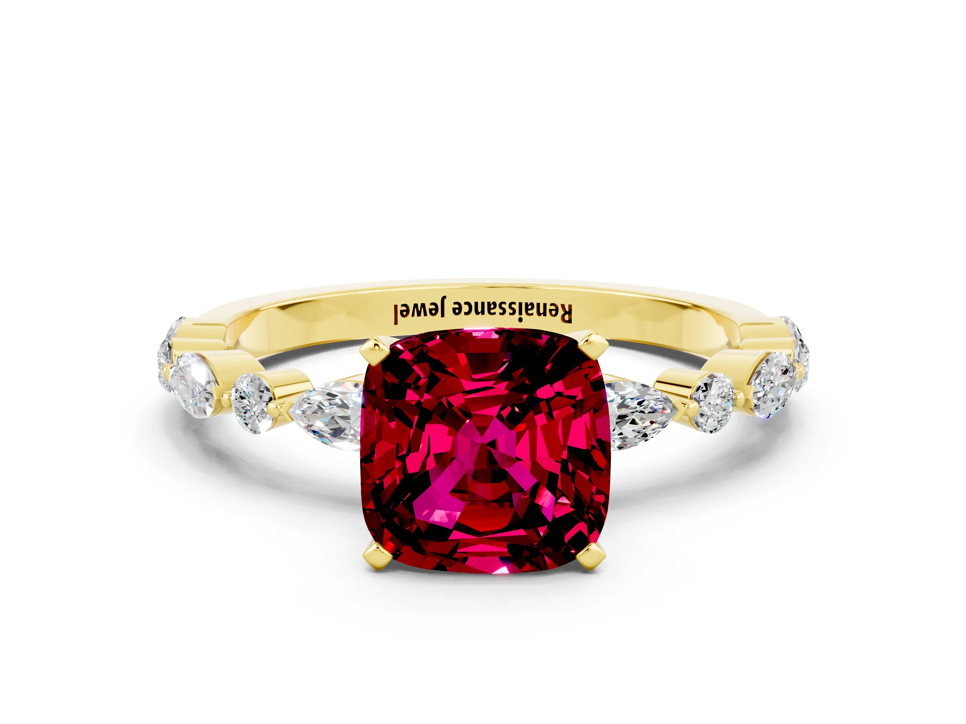 Yellow gold Cushion Cut Garnet Solitaire with Side Stones on a Pavé Band and Four-Prong Setting