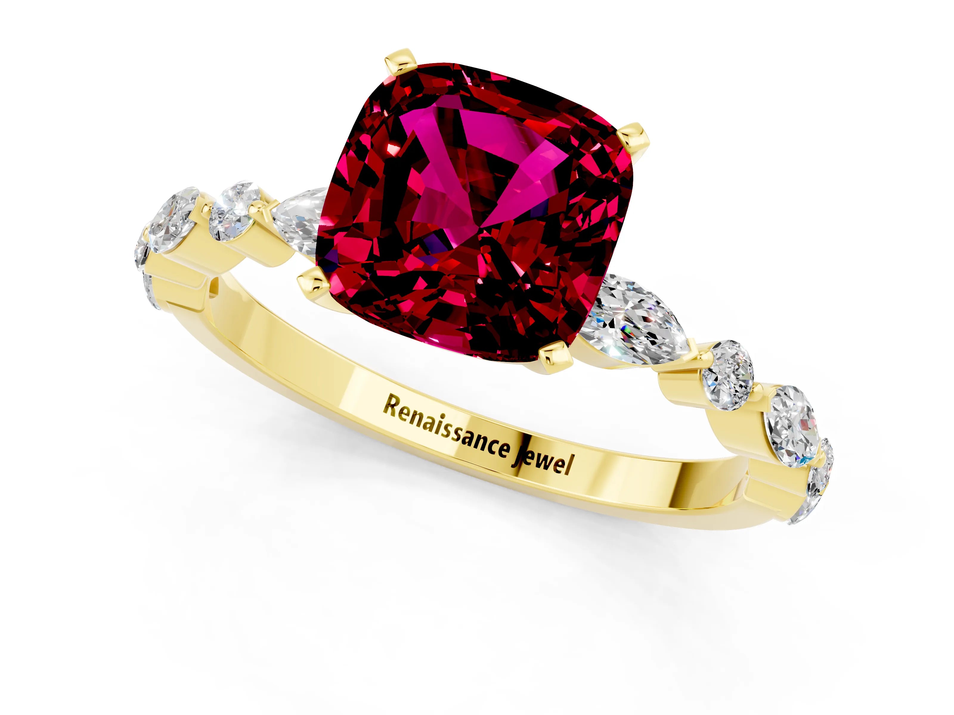 Yellow gold Cushion Cut Garnet Solitaire with Side Stones on a Pavé Band and Four-Prong Setting_1