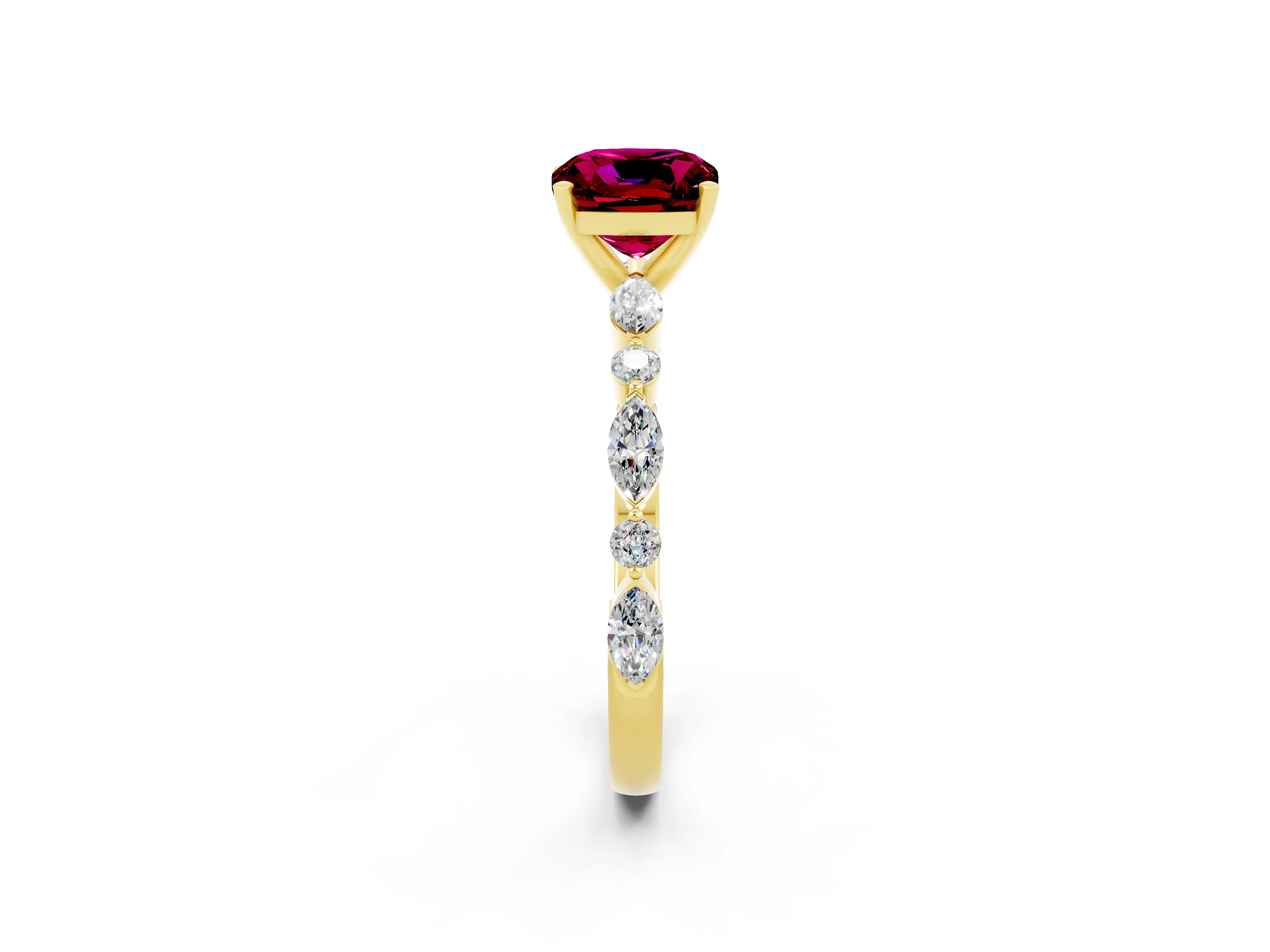 Yellow gold Cushion Cut Garnet Solitaire with Side Stones on a Pavé Band and Four-Prong Setting_2