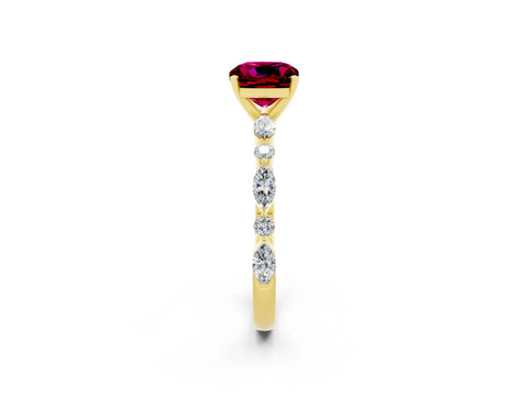 Yellow gold Cushion Cut Garnet Solitaire with Side Stones on a Pavé Band and Four-Prong Setting_2