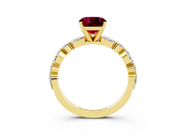Yellow gold Cushion Cut Garnet Ring with Marquise and Round  Side Stones and Four-Prong Setting