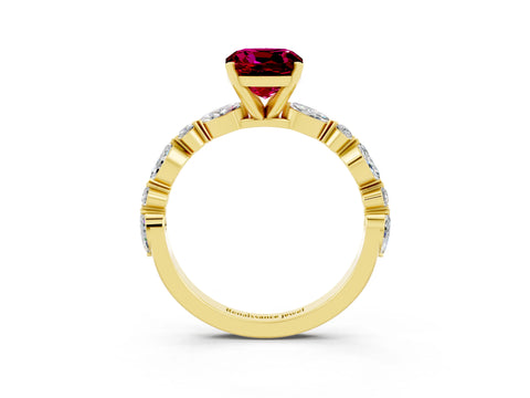 Yellow gold Cushion Cut Garnet Solitaire with Side Stones on a Pavé Band and Four-Prong Setting_3