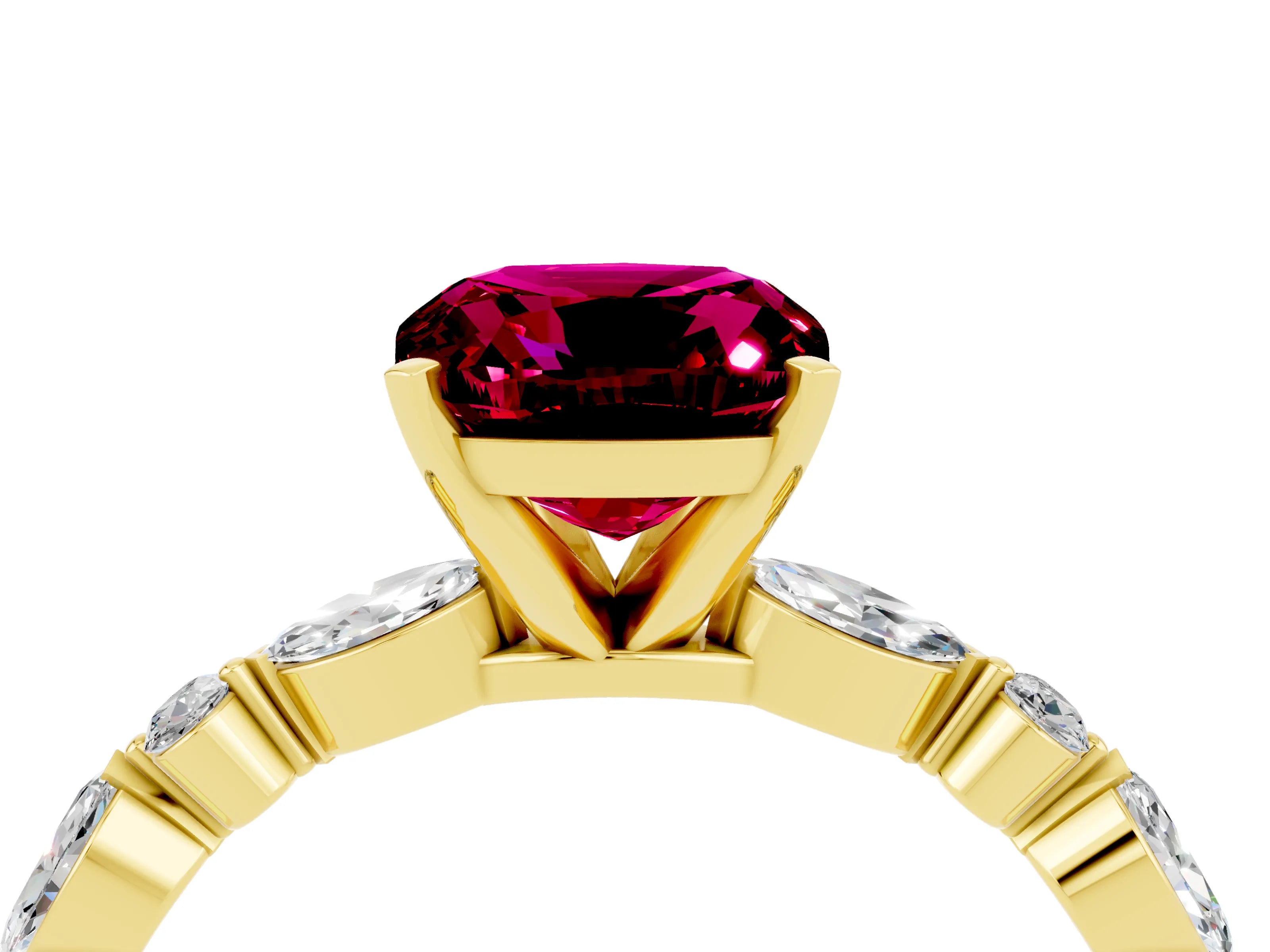 Yellow gold Cushion Cut Garnet Solitaire with Side Stones on a Pavé Band and Four-Prong Setting_4