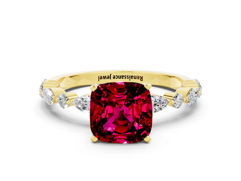 Yellow gold Cushion Cut Garnet Solitaire with Side Stones on a Pavé Band and Four-Prong Setting