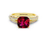 Yellow gold Cushion Cut Garnet Split Shank Engagement Ring with Pavé Band