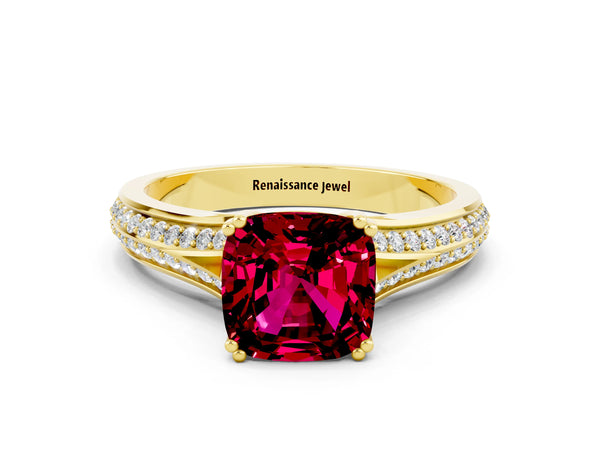 Yellow gold Cushion Cut Garnet Split Shank Engagement Ring with Pavé Band