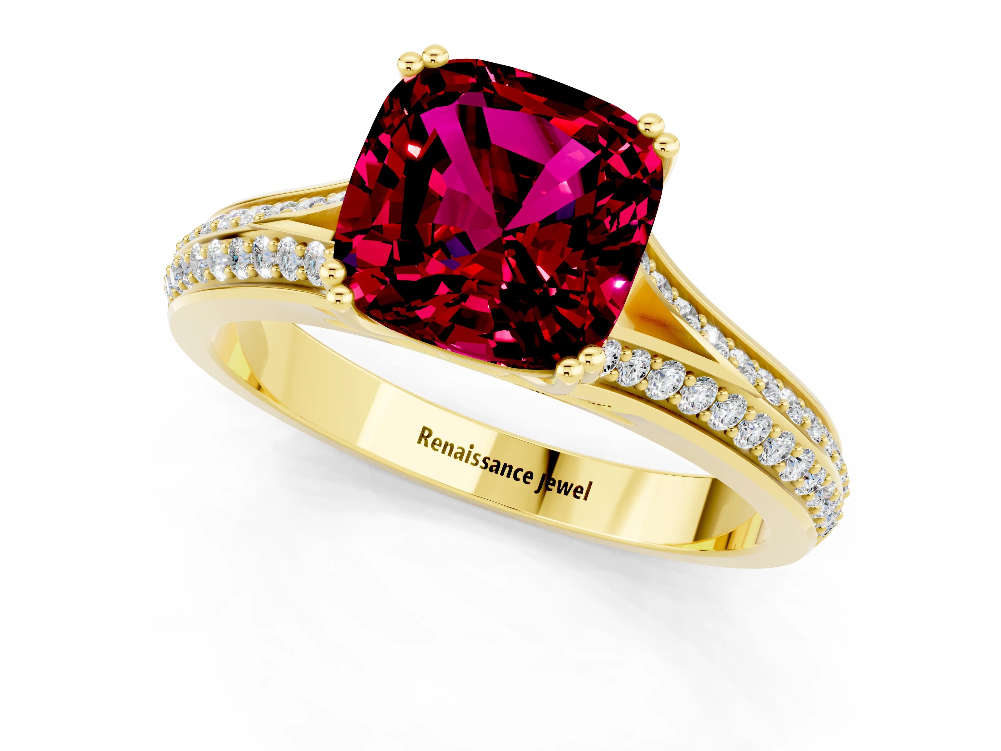 Yellow gold Cushion Cut Garnet Split Shank Engagement Ring with Pavé Band_1