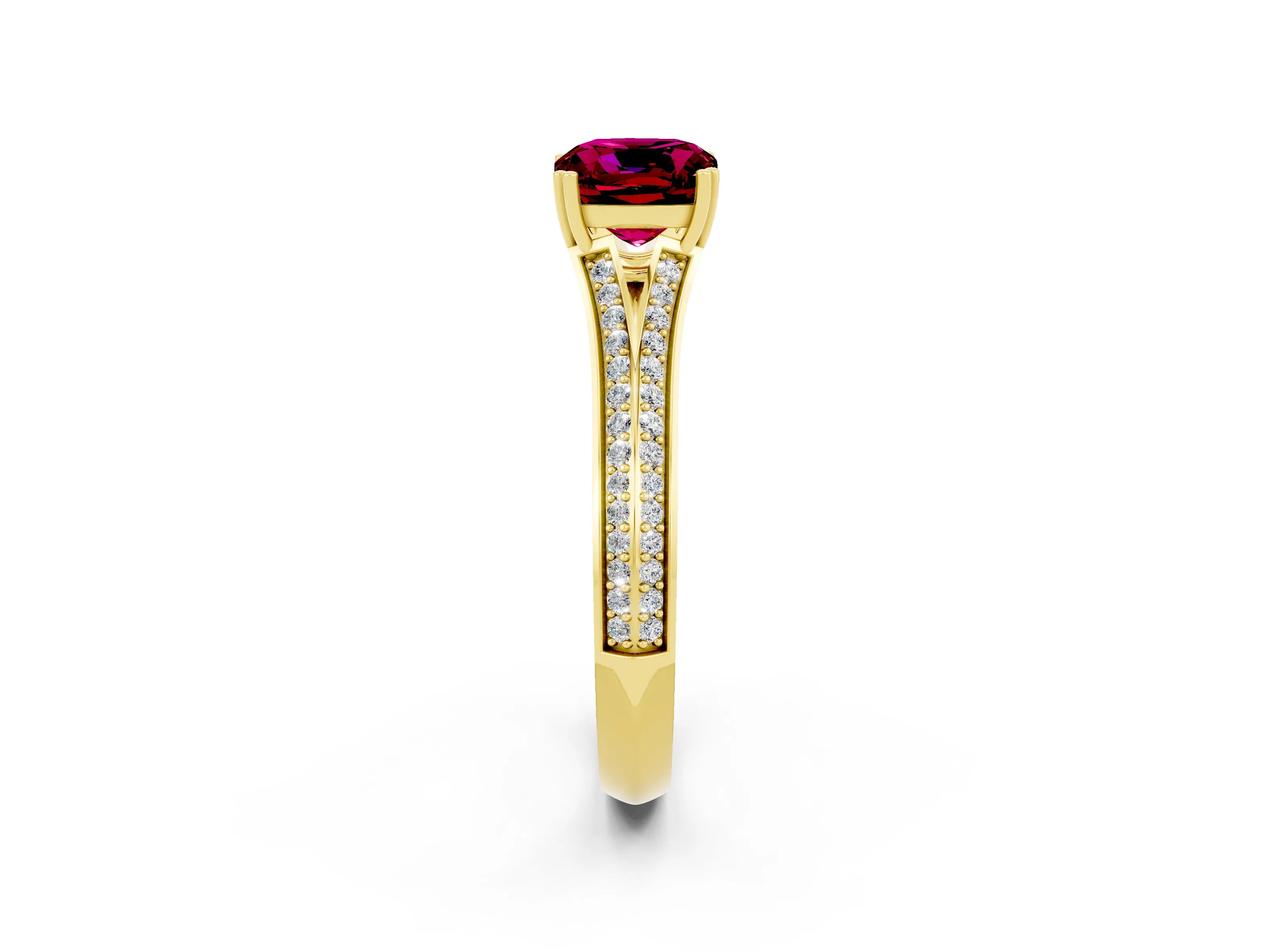 Yellow gold Cushion Cut Garnet Split Shank Engagement Ring with Pavé Band_2