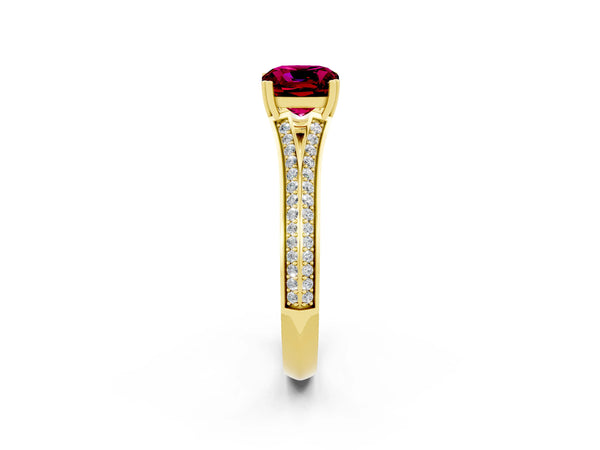 Yellow gold Cushion Cut Garnet Split Shank Engagement Ring with Pavé Band