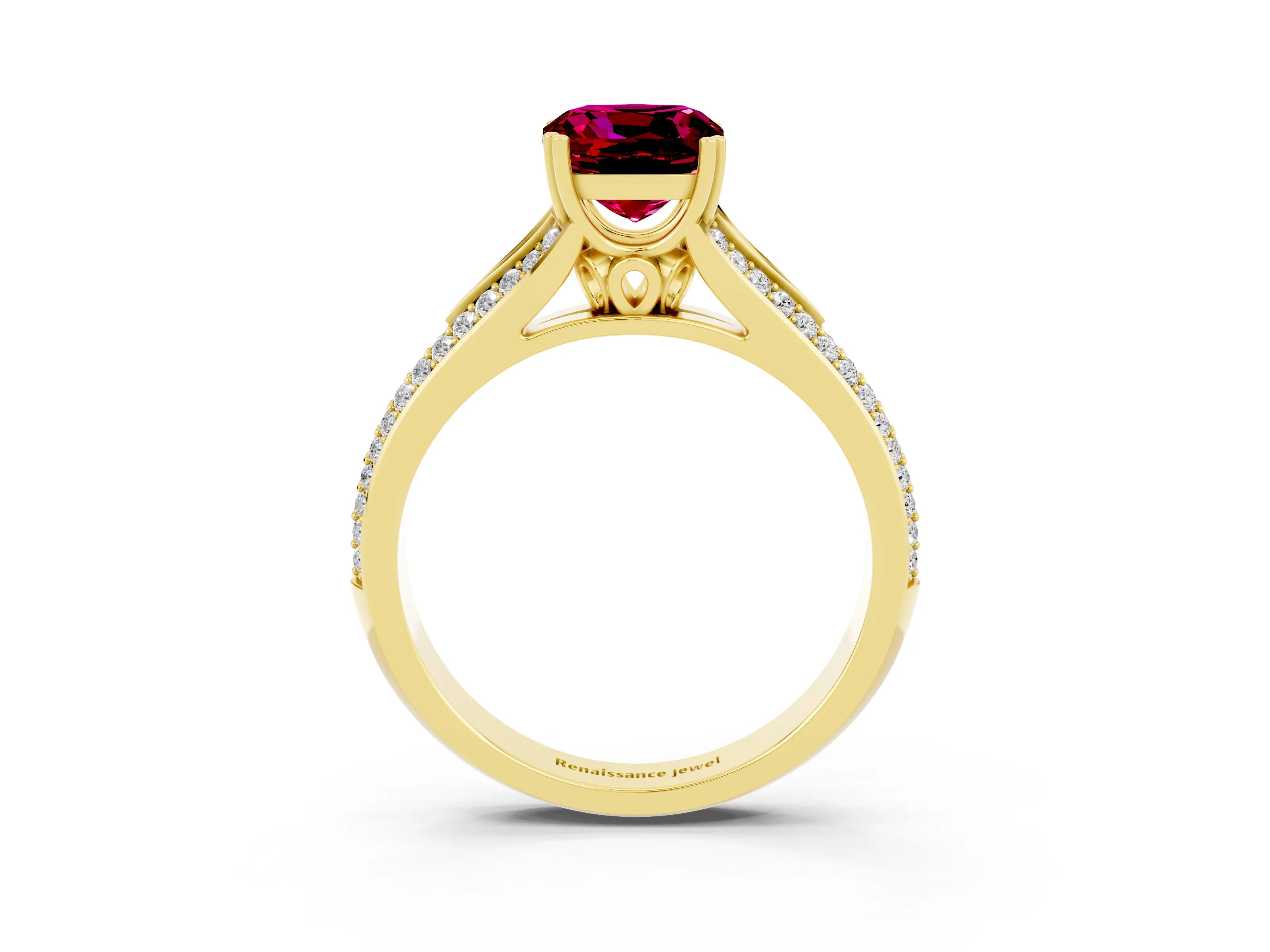 Yellow gold Cushion Cut Garnet Split Shank Engagement Ring with Pavé Band_3