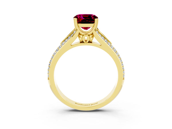 Yellow gold Cushion Cut Garnet Split Shank Engagement Ring with Pavé Band