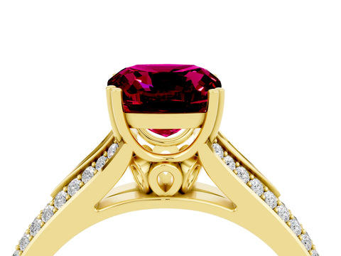 Yellow gold Cushion Cut Garnet Split Shank Engagement Ring with Pavé Band_4