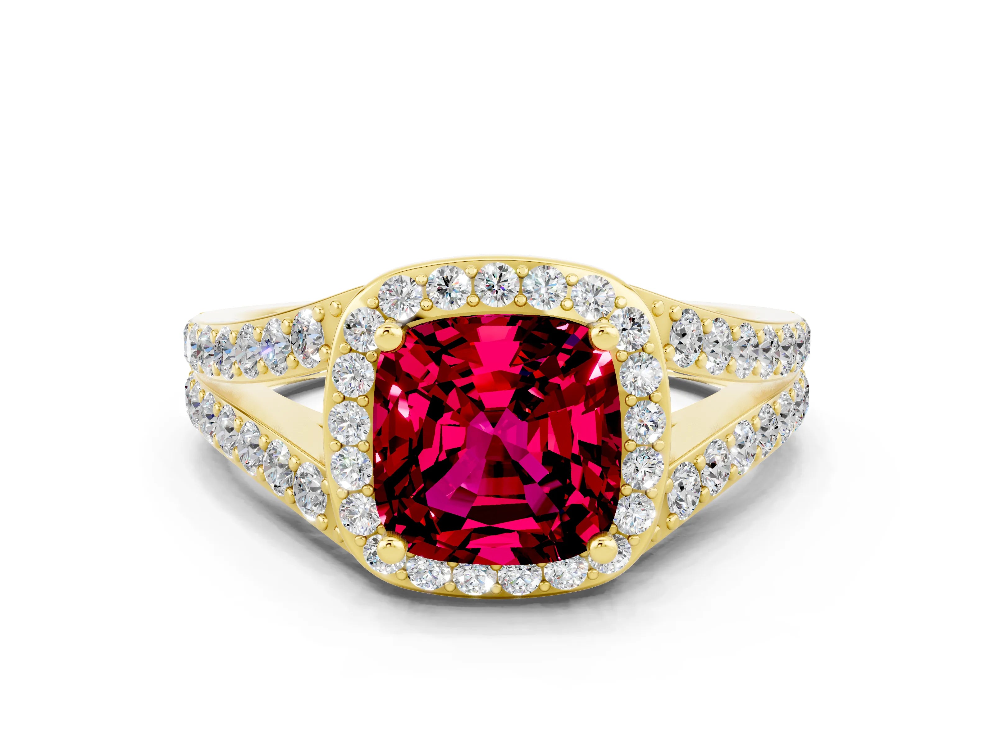 Yellow gold Cushion Cut Garnet Split Shank Halo Ring with Four-Prong Setting_12