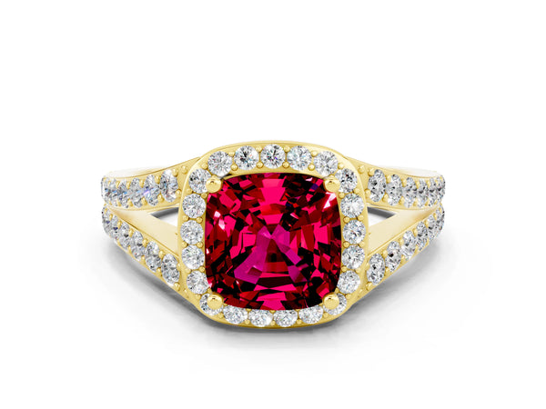 Yellow gold Cushion Cut Garnet Split Shank Halo Ring with Four-Prong Setting