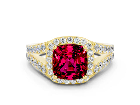 Yellow gold Cushion Cut Garnet Split Shank Halo Ring with Four-Prong Setting_12