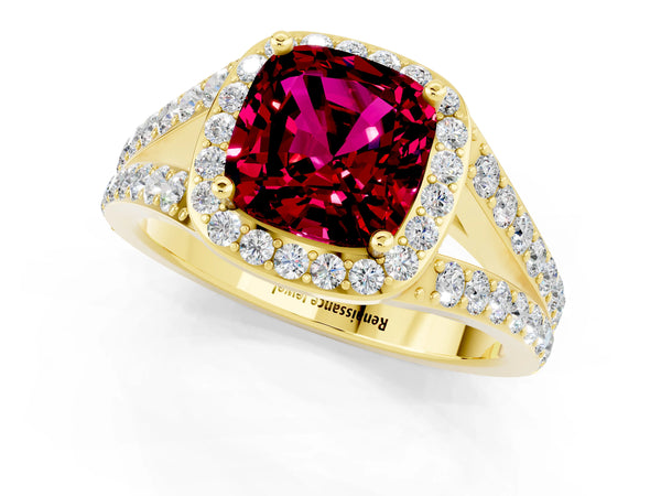 Yellow gold Cushion Cut Garnet Split Shank Halo Ring with Four-Prong Setting
