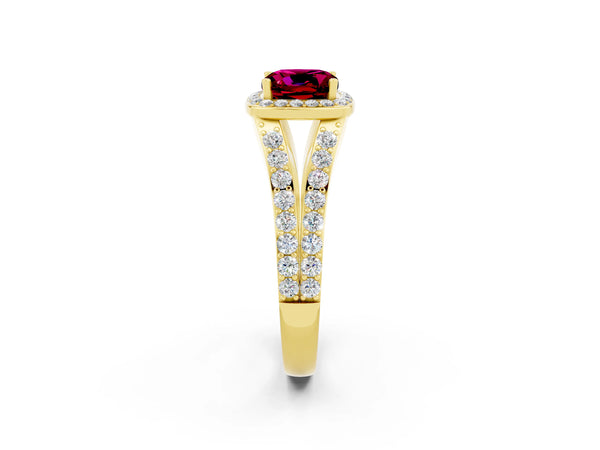 Yellow gold Cushion Cut Garnet Split Shank Halo Ring with Four-Prong Setting