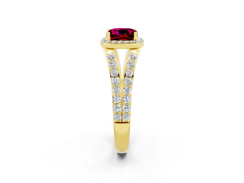 Yellow gold Cushion Cut Garnet Split Shank Halo Ring with Four-Prong Setting_14