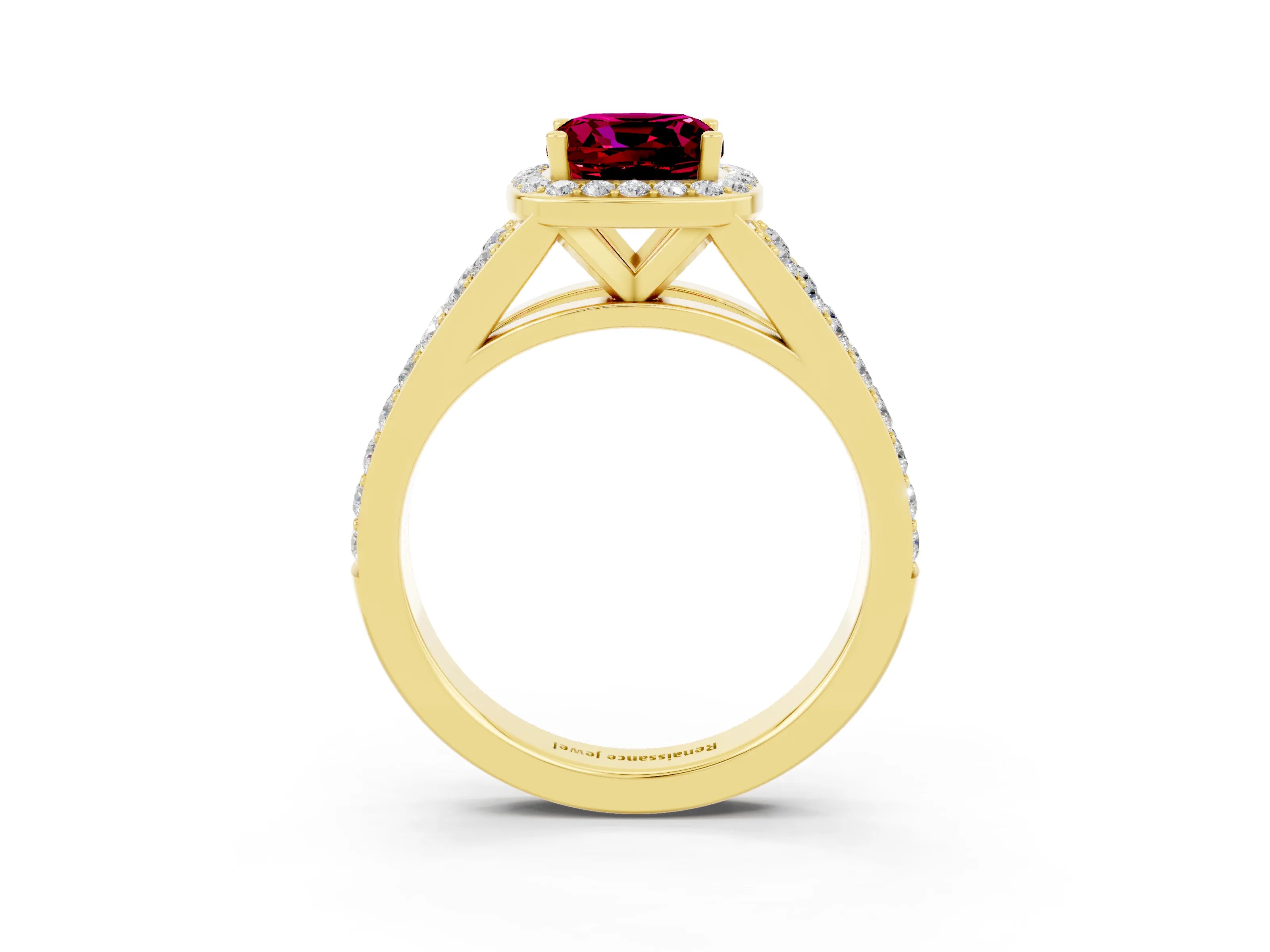 Yellow gold Cushion Cut Garnet Split Shank Halo Ring with Four-Prong Setting_15