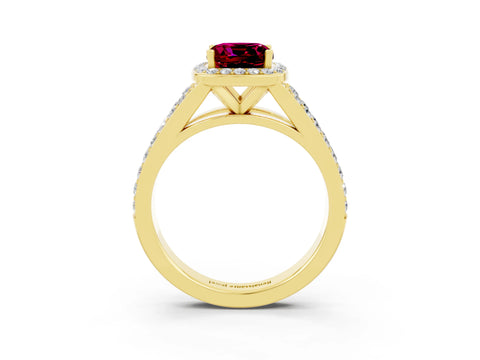Yellow gold Cushion Cut Garnet Split Shank Halo Ring with Four-Prong Setting_15