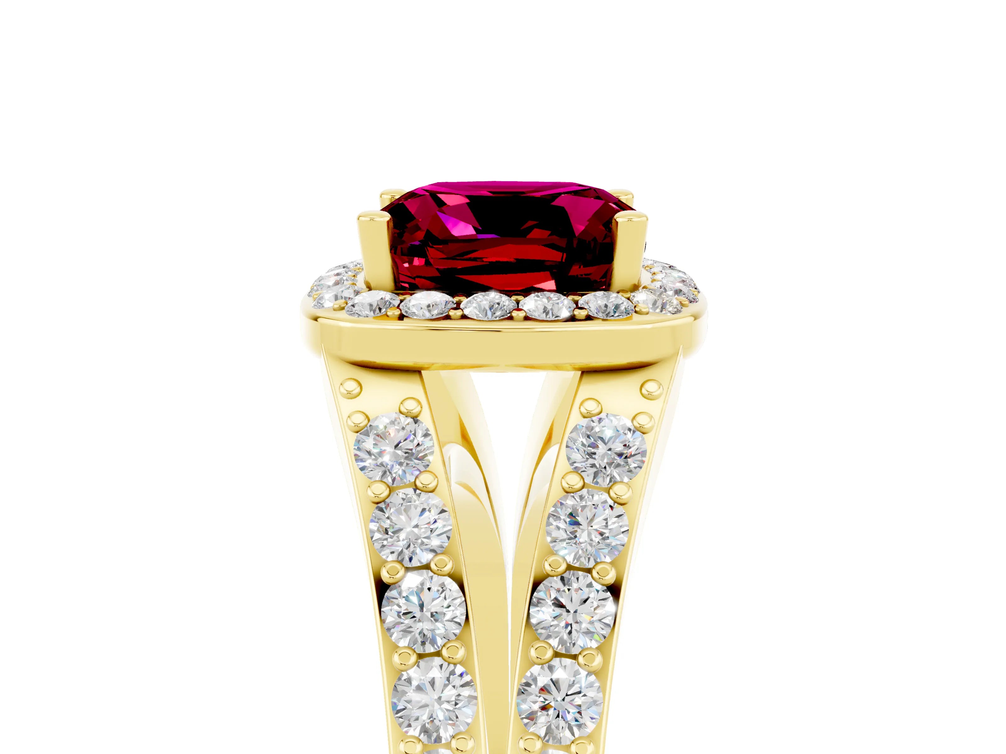 Yellow gold Cushion Cut Garnet Split Shank Halo Ring with Four-Prong Setting_17