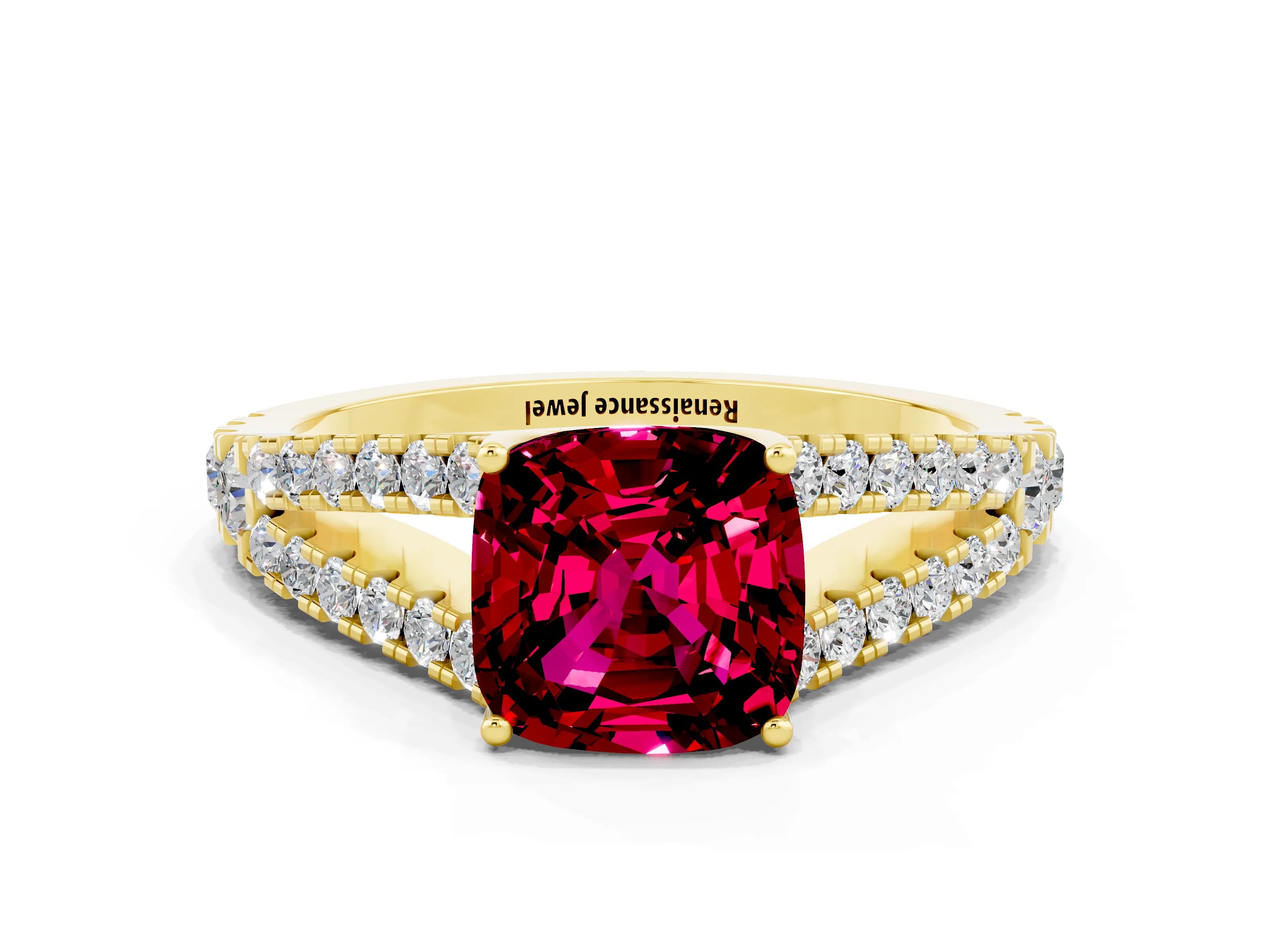 Yellow gold Cushion Cut Garnet Split Shank Pavé Engagement Ring with Four-Prong Setting_12