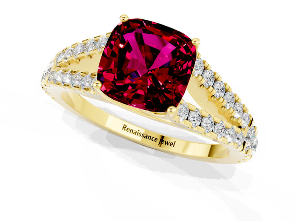 Yellow gold Cushion Cut Garnet Split Shank Pavé Engagement Ring with Four-Prong Setting