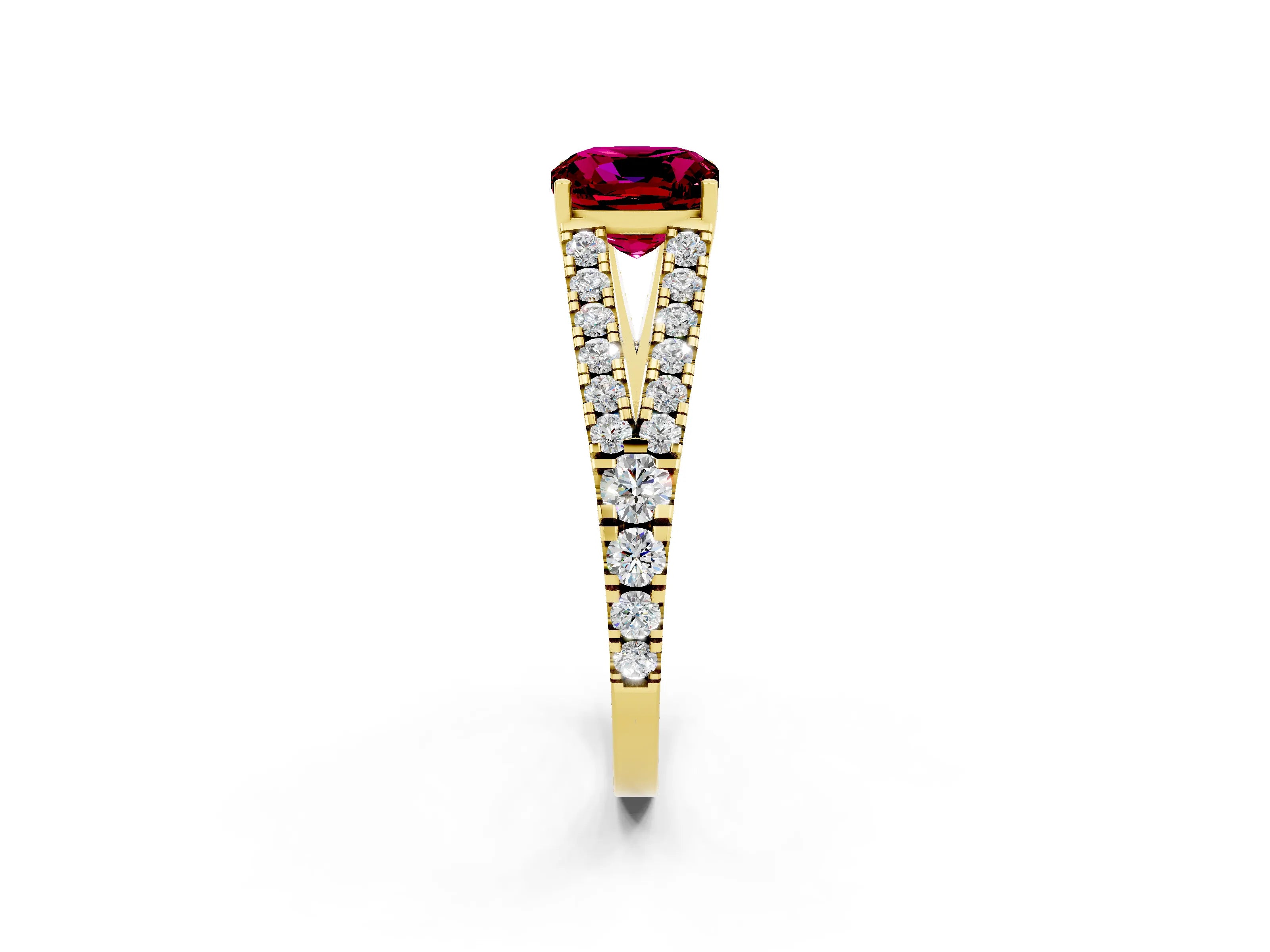 Yellow gold Cushion Cut Garnet Split Shank Pavé Engagement Ring with Four-Prong Setting_14