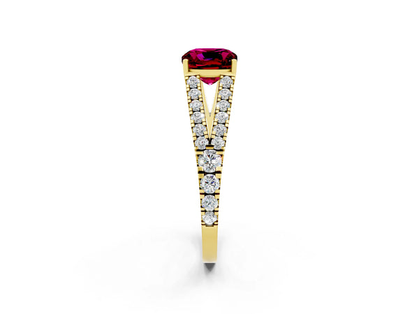 Yellow gold Cushion Cut Garnet Split Shank Pavé Engagement Ring with Four-Prong Setting