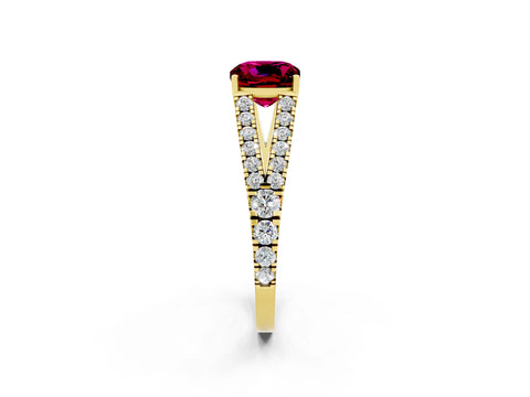 Yellow gold Cushion Cut Garnet Split Shank Pavé Engagement Ring with Four-Prong Setting_14