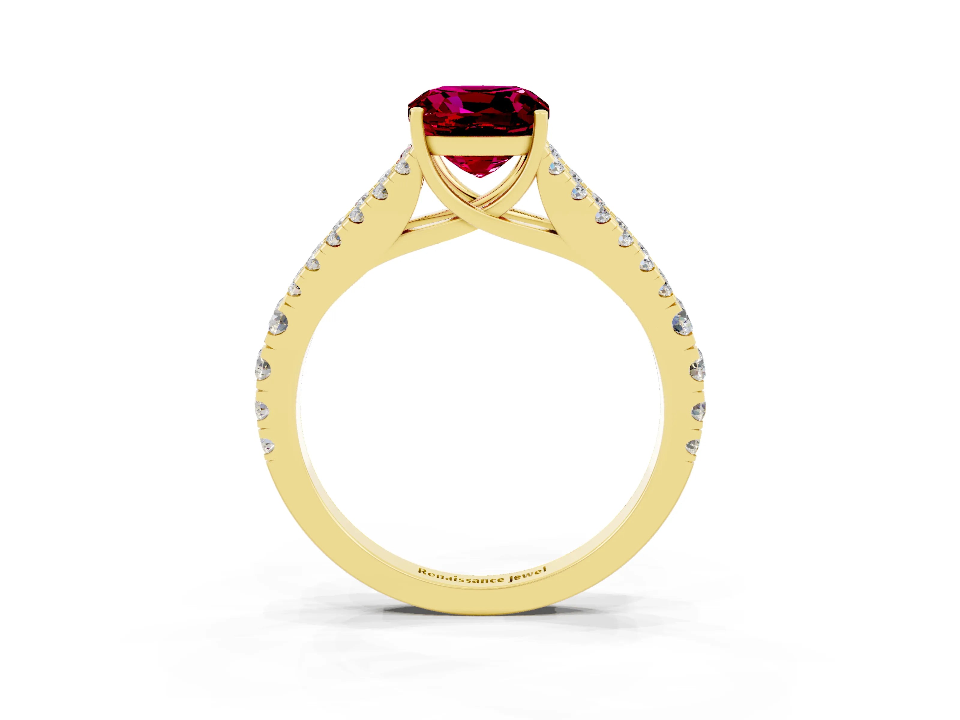 Yellow gold Cushion Cut Garnet Split Shank Pavé Engagement Ring with Four-Prong Setting_15