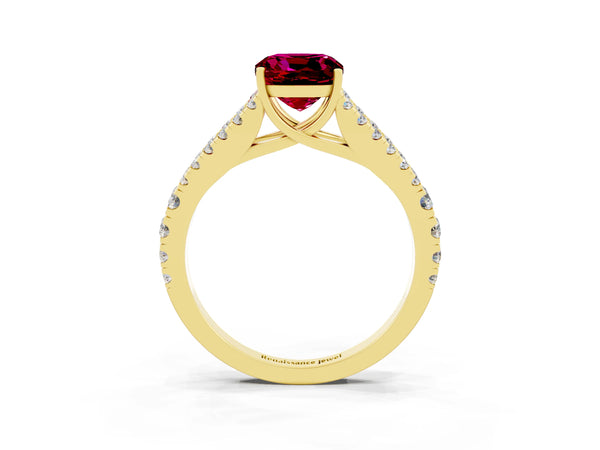 Yellow gold Cushion Cut Garnet Split Shank Pavé Engagement Ring with Four-Prong Setting
