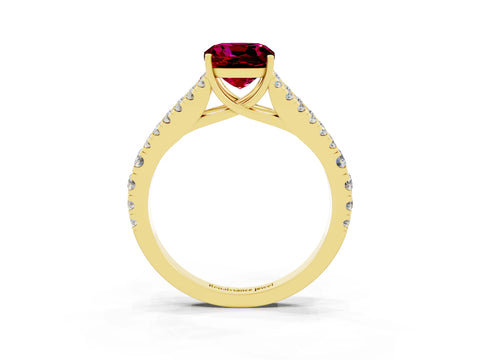 Yellow gold Cushion Cut Garnet Split Shank Pavé Engagement Ring with Four-Prong Setting_15